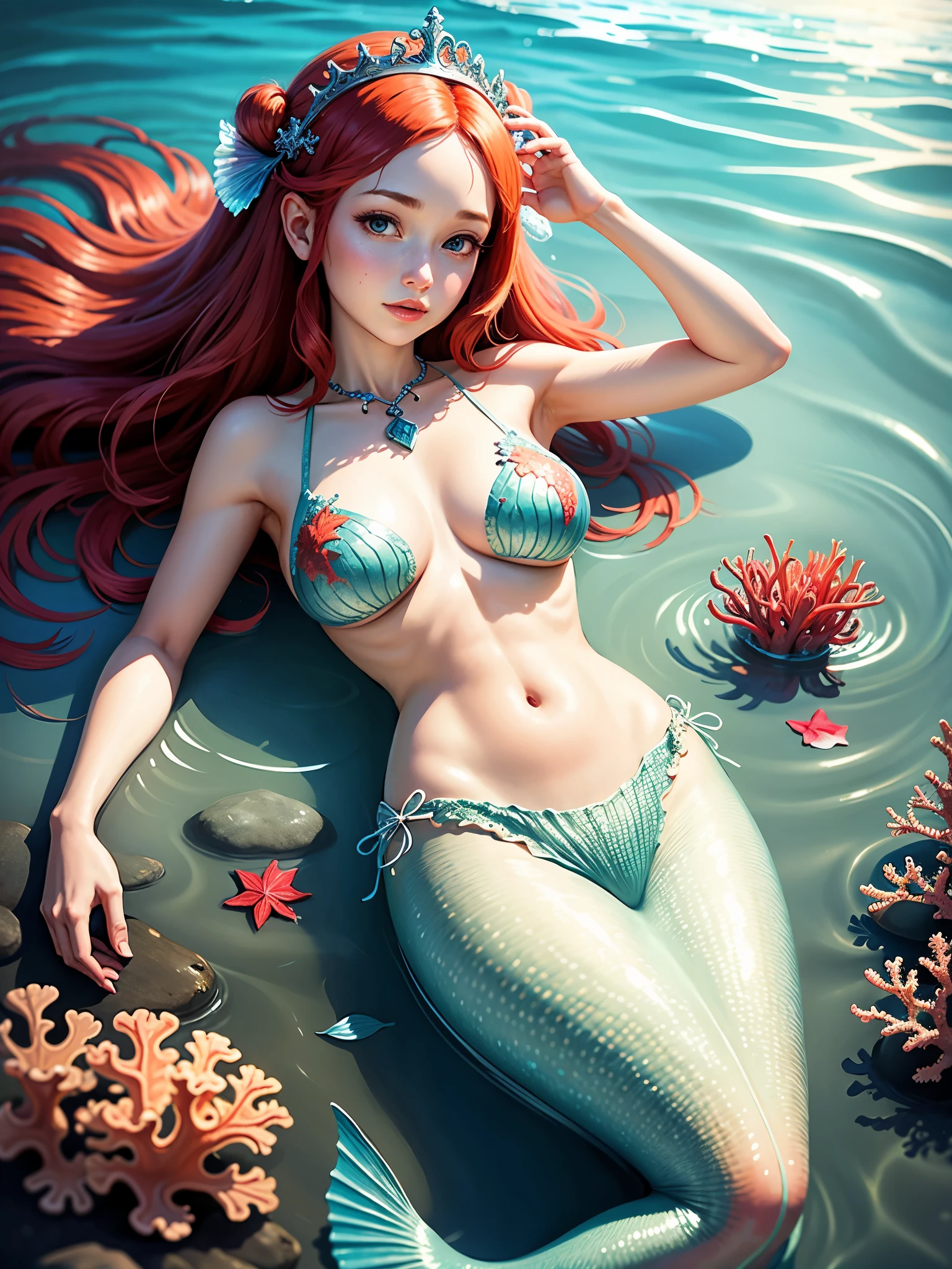 best quality, high_resolution, distinct_image, detailed background ,Mermaid、under the water、tits, no bra, coral reef, tiara on head, red hair