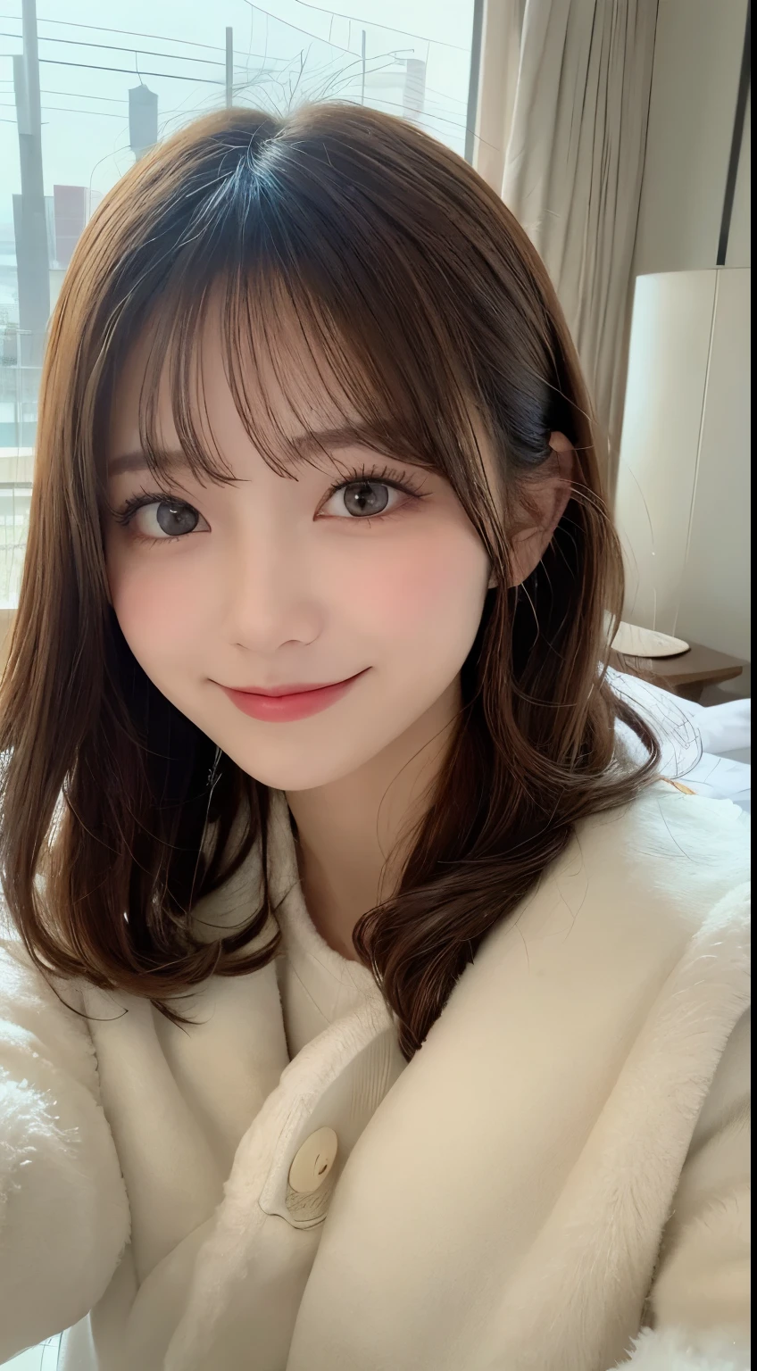 masutepiece, Best Quality, Illustration, Ultra-detailed, finely detail, hight resolution, 8K Wallpaper, Perfect dynamic composition, Beautiful detailed eyes, Fluffy winter clothes,small tits,Natural Color Lip,Smile,luxury home bedroom、20 years girl、Cute、is looking at the camera,Background blur