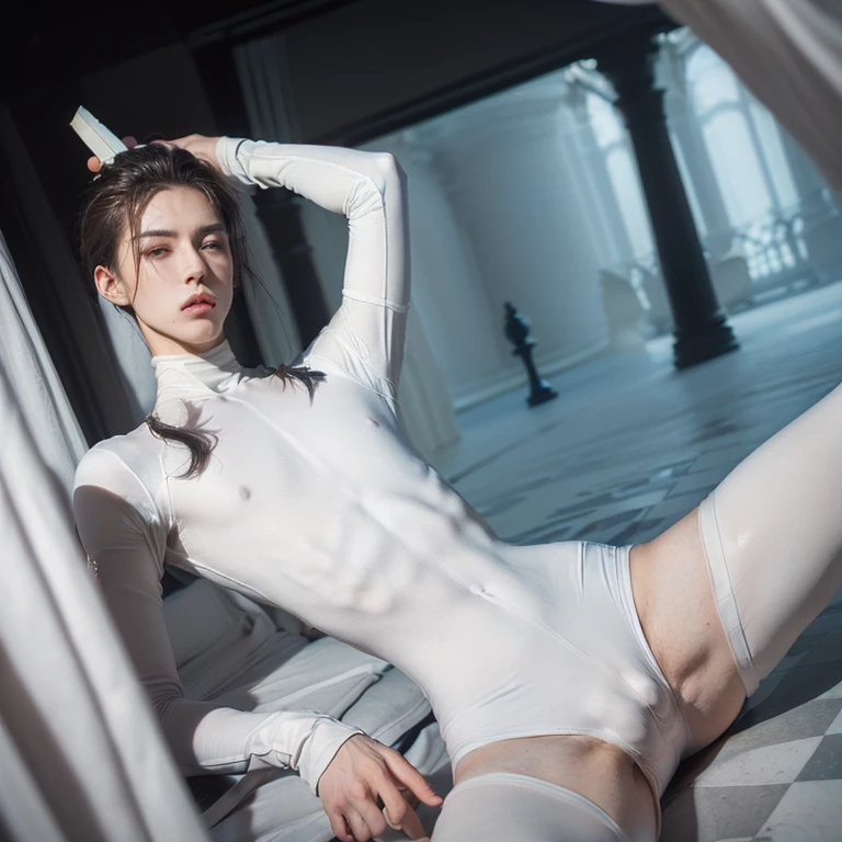 ((empty background, empty scenery), masterpiece, dreamlike, hyperrealistic, 2 androgynous males, chess ballet, black pawn checkmates white king, skintight chesspiece bodysuits, male crotch bulge, buttocks, groin pain:1.35)