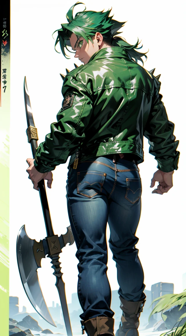 Highly detailed, (masterpiece), best quality, expressive eyes, perfect face, 1man, Spiked hair, long hair, Super_Saiyan_Trunks Green hair, green eyes, Bulky Body Builder Masculine body, Green leather Jacket & Jeans, Holding a Gigantic Battle Axe Spear Hammer, combat boots, full body, back view