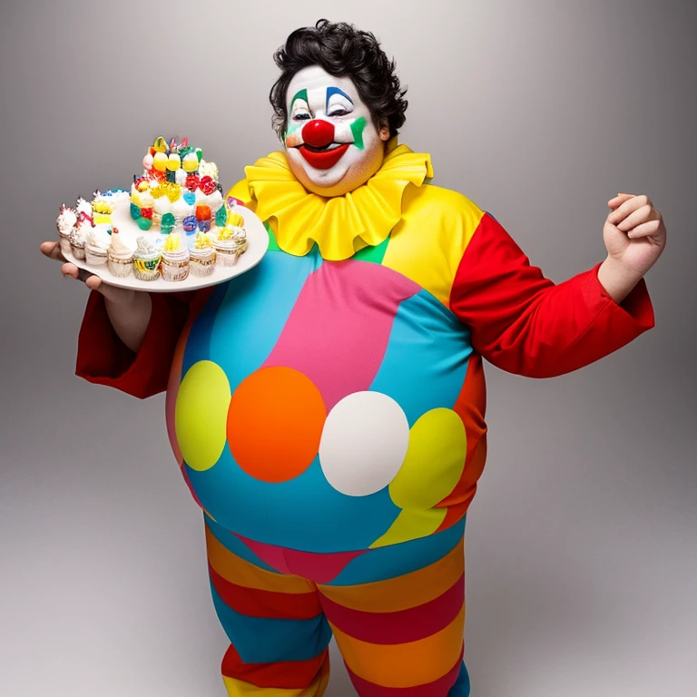 clown guy gets fat. he got as fat as he could'Stand up. his body became round. the reason he gained weight、'Full of cake.