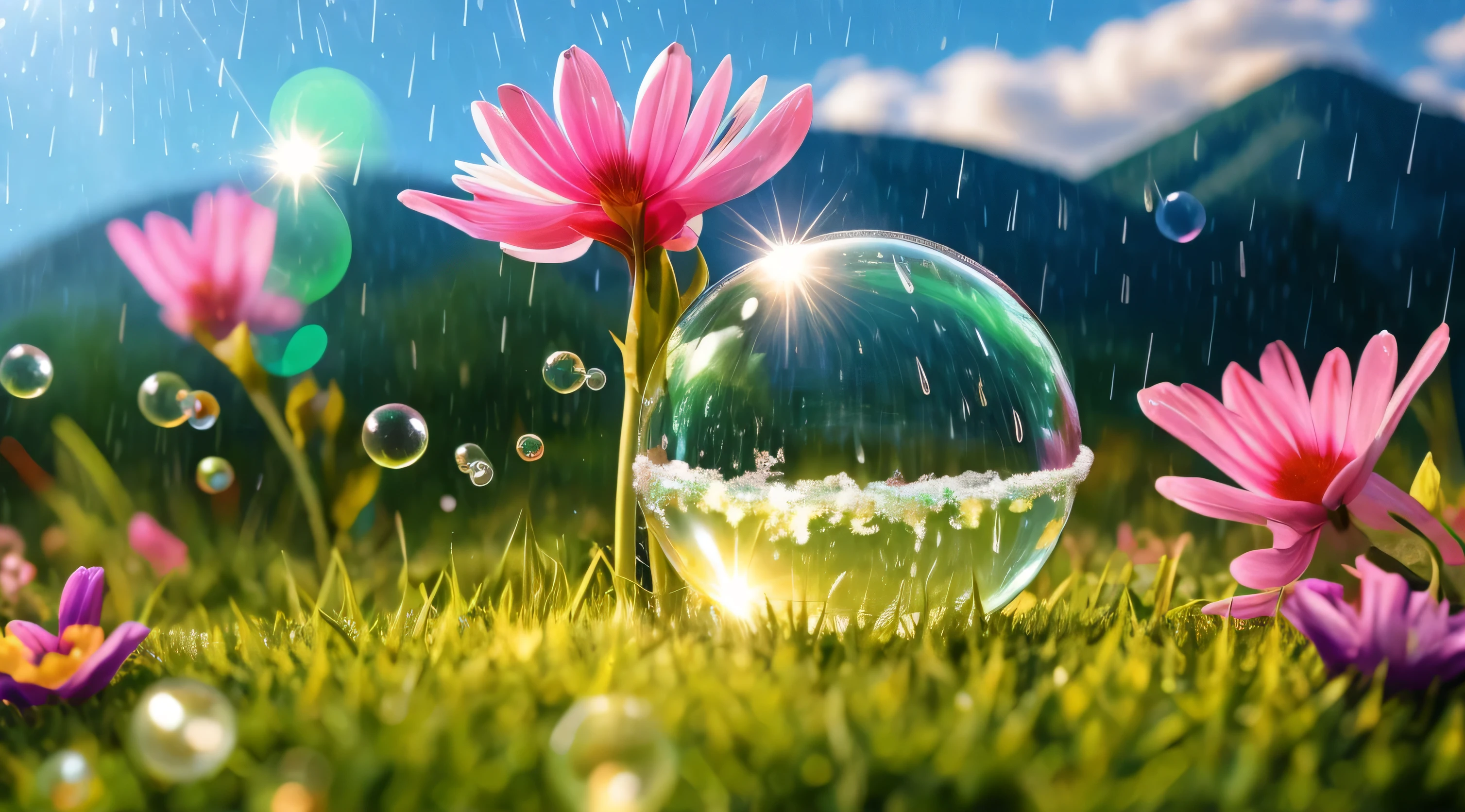 beautiful unrealistically kind creature,furry creature,creature in bright colors,summer on bright green grass,pink flowers grow, it rains and the sun shines,raindrops glisten in the sun,,soap bubbles fly in the air,Good focus,perfect crisp texture,high quality 32k