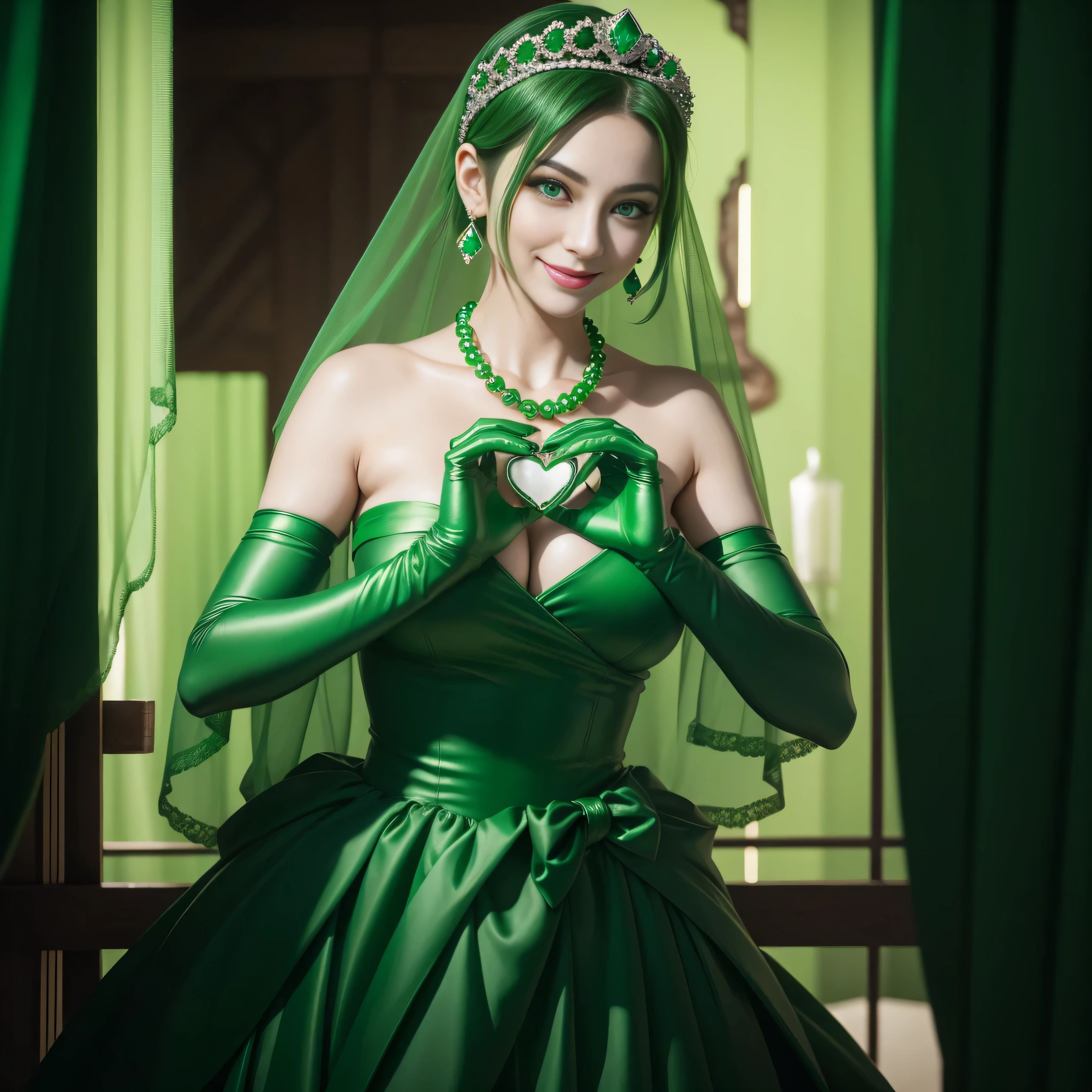 emerald tiara, Green Pearl Necklace, Boyish very short green hair, lipsticks, Japan woman smiling, very short short hair, big breasts beautiful, Green eyes, Long green gloves made of satin material, Green eyes, Emerald Earrings, green vale, Heart with both hands