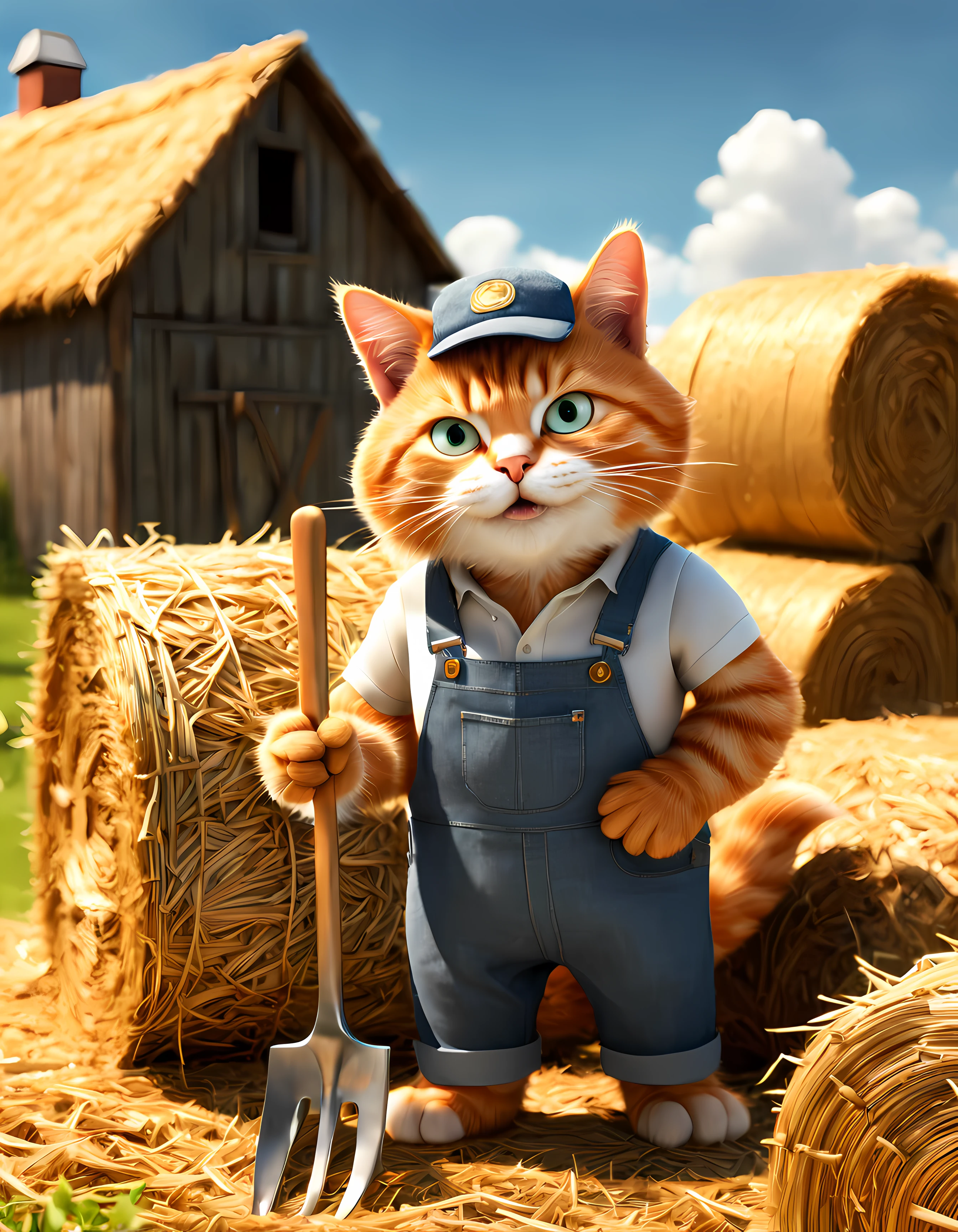 Cute Cartoon, CuteCartoonAF, (cute cartoon style:1.3), (solo:1.3), (high angle view:1.3), a friendly and hardworking ((anthropomorphic)) ginger cat named Oliver, wearing denim overalls and a straw hat, working diligently on a sunny farm. | Oliver is ((using a pitchfork)) to stack hay bales in a neat and organized manner, showcasing his strength and dedication. | The farm is surrounded by picturesque rolling hills and a clear blue sky with fluffy white clouds. | More_Detail