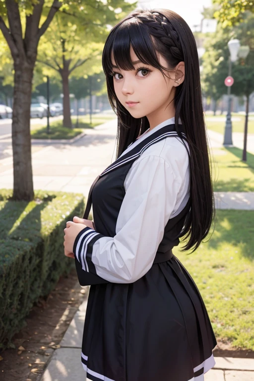 Hairstyle shortcuts,Realistic high school girl wearing a black sailor suit,soio,a park