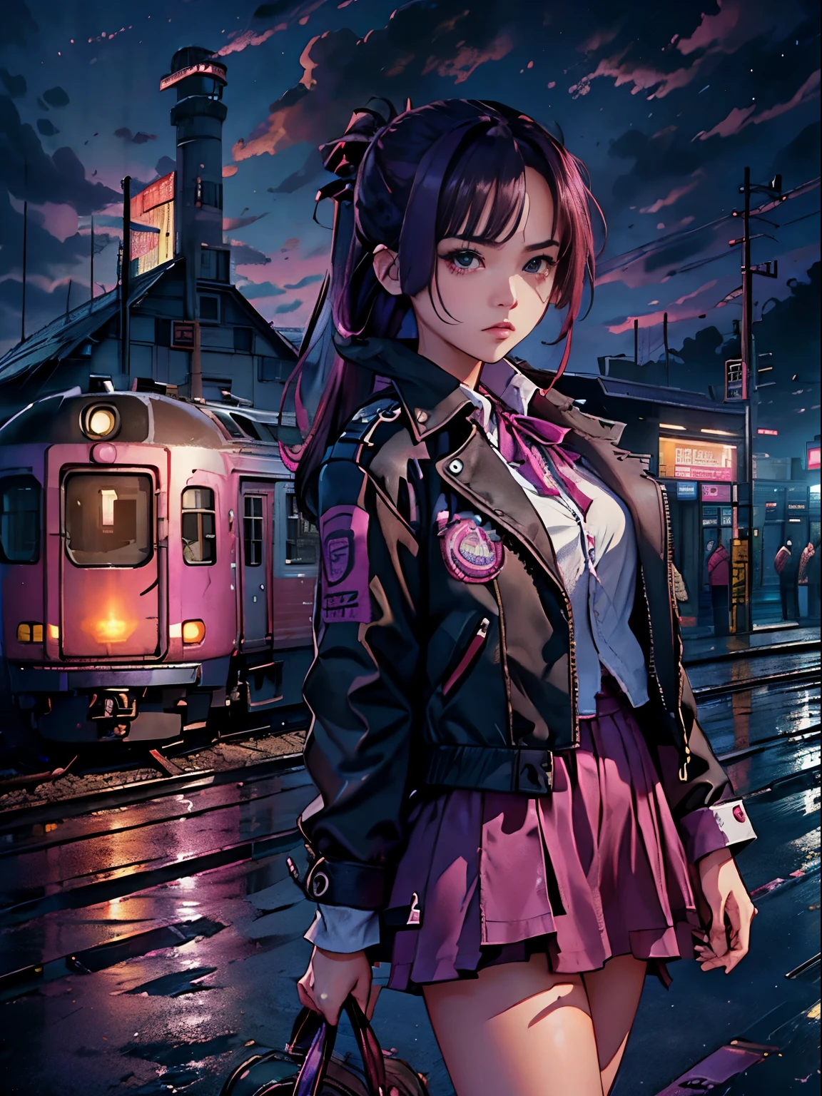 Magenta shades、Colorful、((tmasterpiece)))、(((quality)))、((ultra - detailed))、(Surreal)、(highly detailed CGillustration）、offcial art、CD cover、It will be、Mid summer、glorious 1980s、1girll，Cool Beauty、cochetti gorgeous、Incomparable beauty、Hair color、locks、leather jackets、Super skirt、Perfect Angle、Perfectcomposition、(Twilight，train station，trein，Clouds)，