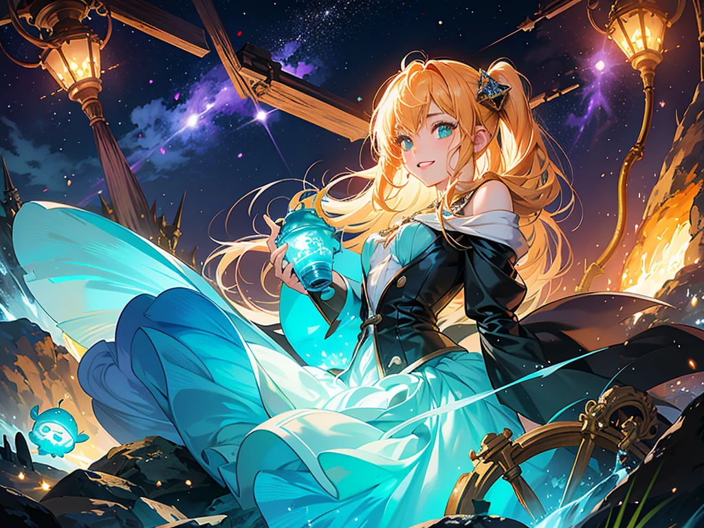 tmasterpiece, A high resolution, Beautiful girl in anime style, in dirty beaker, In ingress liquids, gnome, Magic Array, Small room with phosphorescent flash, Perfect beautiful girl,, glowing from within, stare at the viewer, giggles, 3Drenderingof, opinion, Stunning anime illustrations, Impressive lighting, Excellent, dangerous, monstrous