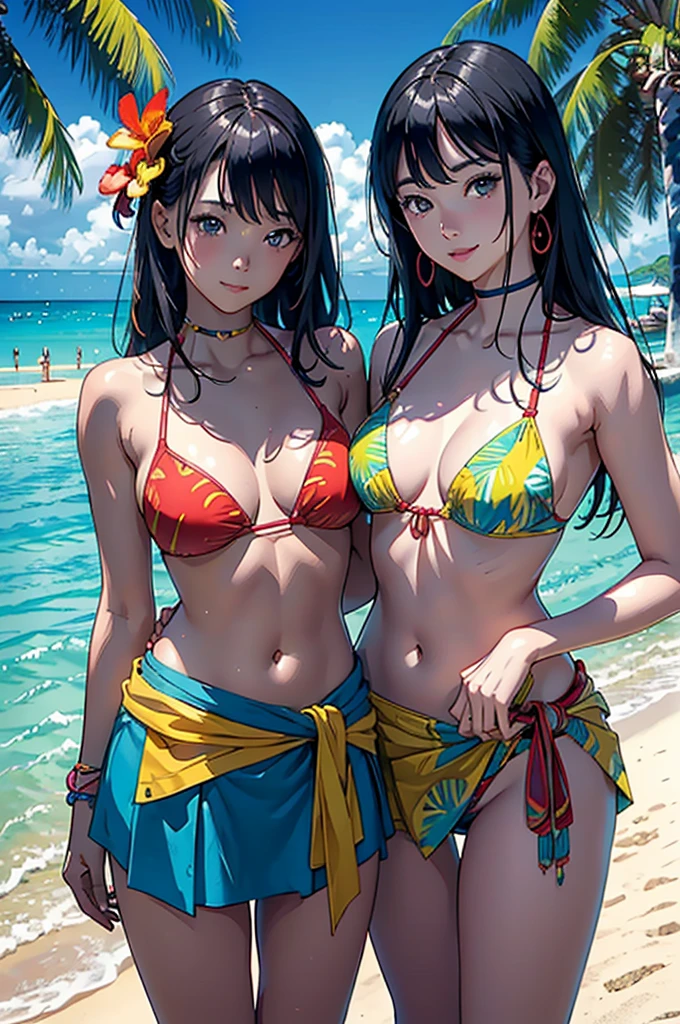 ​masterpiece、top-quality、超A high resolution、 [ 4 k digital art ]!!、 8k high quality detailed art、Wallpaper、 Detailed Digital Anime Art、Realisticity、Cinema Angle、hposing Gravure Idol、((Full Body Portrait of a Beautiful Woman))、((two womens))、((look at each other in a friendly manner))、cute  face、 (Detailed depiction of a beautiful face)、kindly smile、、年轻、Bikini swimwear、(Ethnic patterns and primary colors wrapped around the waist and skirt)、Photorealistic perfect body、((Beautiful tropical beach landscape photography))、light Particle、llight rays、Tropical、Against the background of palm trees、on a sunny beach、Against the background of the sea、blur backgroun、