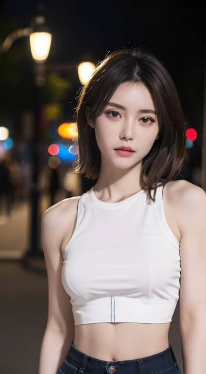 ((Realistic lighting, Best quality, 8K, Masterpiece: 1.3)), Clear focus: 1.2, 1girl, Perfect Figure: 1.4, Slim Abs: 1.1, ((Dark brown hair)), (White crop top: 1.4), (Outdoor, Night: 1.1), City streets, Super fine face, Fine eyes, Double eyelids,