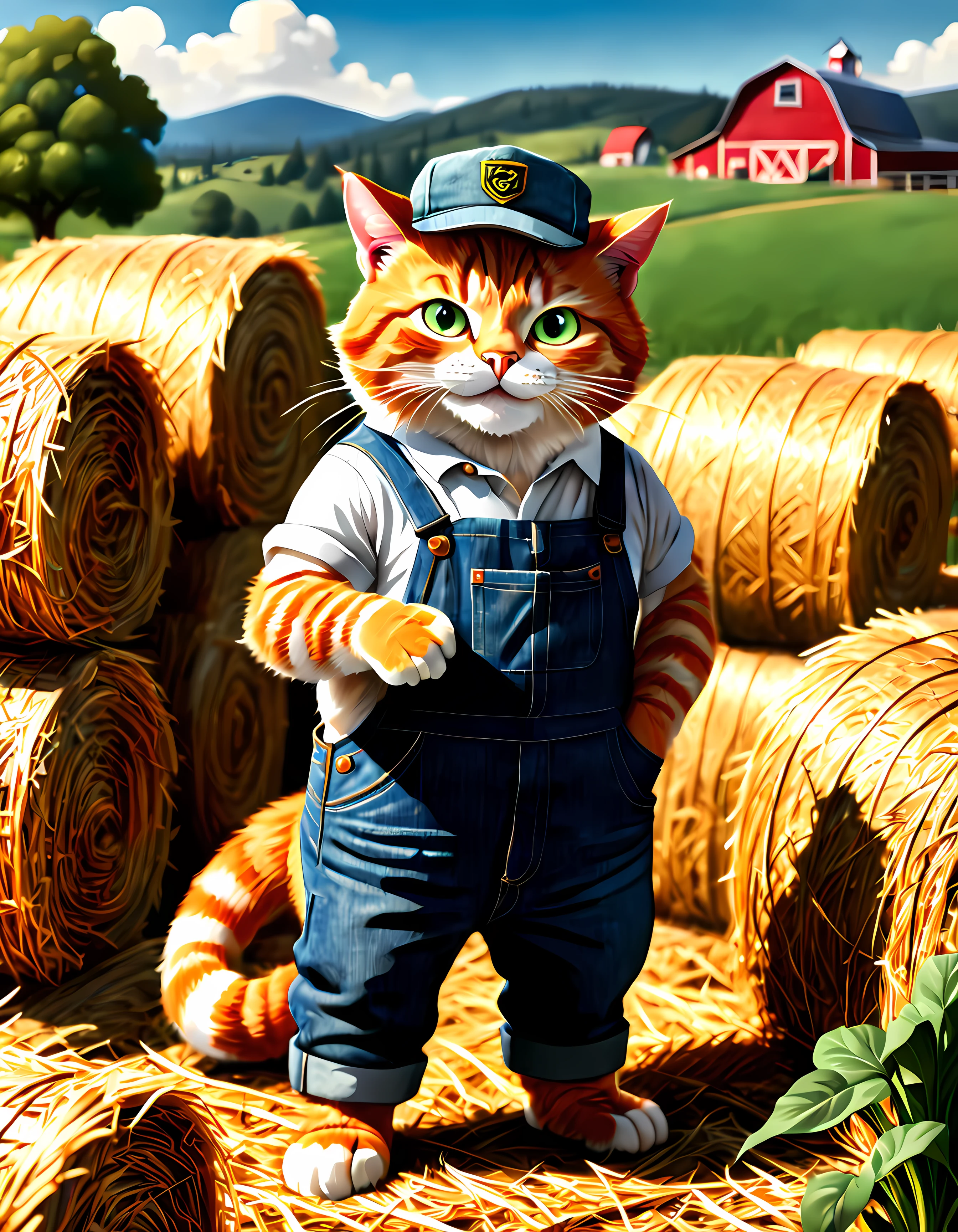 Cute Cartoon, CuteCartoonAF, (cute cartoon style:1.3), (solo:1.3), (high angle view:1.3), a friendly and hardworking ((anthropomorphic)) ginger cat named Oliver, wearing denim overalls and a straw hat, working diligently on a sunny farm. | Oliver is using a pitchfork to stack hay bales in a neat and organized manner, showcasing his strength and dedication. | Rows of colorful vegetables growing in the background. | The farm is surrounded by picturesque rolling hills and a clear blue sky with fluffy white clouds. | More_Detail