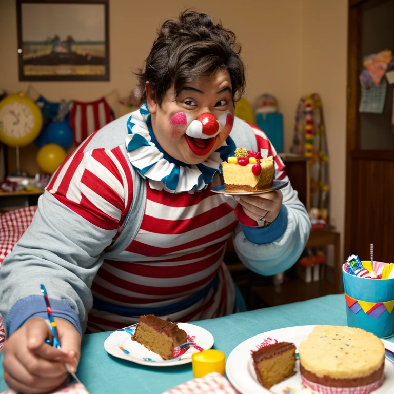 clown guy gets fat. he got as fat as he could'Stand up. his body became round. the reason he gained weight、'Full of cake.I'm on a fat desk with a desk in front of me.