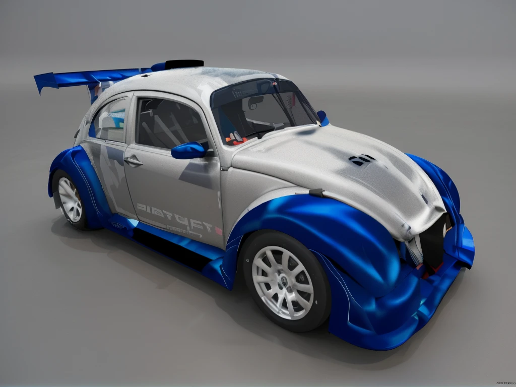 Beetle funny mug photorealistic gray chrome racing car with blue decorative stripes design like the Red Bull can and with Red Bull logos, compitiendo en la pista de carreras, 3d render vray ambient occlusion