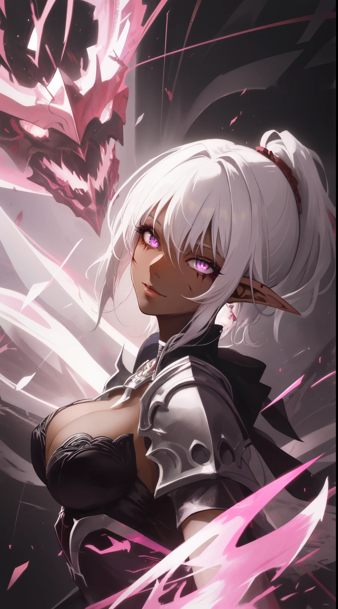 ((masterpiece, best quality)), (fractal art:1.3), the chaos knight, design by Yoshitaka Amano , life bringer, justice, death, death's gaze, demon within, corrupted, frank frazetta, BREAK, highly detailed of ((dark elf)), (1girl), solo, perfect face,details eye, (one left eye, Black sclera:1.1), short hair, low ponytail, Blunt bangs, (hair between eye), white hair, violet eyes, fantasy art by Artgerm, by Kawacy, by Wadim kashin, BREAK, eyelashes, eyeshadow, pink eyeshadow, (Scar on face), ((dark skin)), glaring, smile, medium breast, BREAK, extremely detailed, dynamic angle, the most beautiful form of chaos, elegant, a brutalist designed,