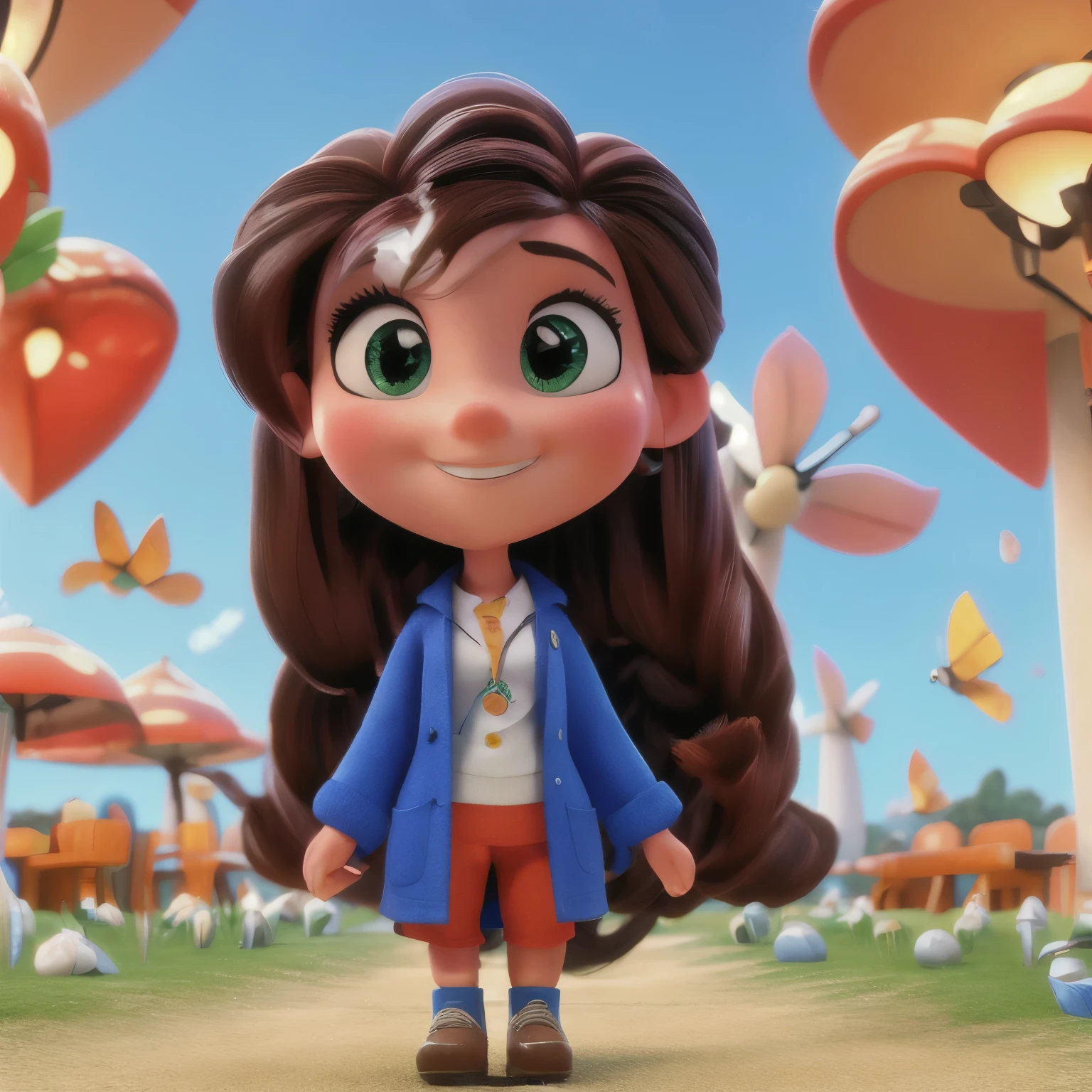 Mulher ruiva, de cabelo cacheado longo, olhos castanhos, in a lab coat with nutrition symbol. Fundo do por do sol em Paris, with airplane, chave, carro, tablet and with money symbols, amor, health and happiness.