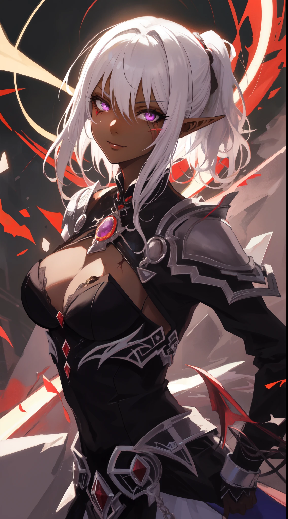 ((masterpiece, best quality)), (fractal art:1.3), the chaos knight, design by Yoshitaka Amano , life bringer, justice, death, death's gaze, demon within, corrupted, frank frazetta, BREAK, highly detailed of ((dark elf)), (1girl), solo, perfect face,details eye, (one left eye, Black sclera:1.1), short hair, low ponytail, Blunt bangs, (hair between eye), white hair, violet eyes, fantasy art by Artgerm, by Kawacy, by Wadim kashin, BREAK, eyelashes, eyeshadow, pink eyeshadow, (Scar on face), ((dark skin)), glaring, smile, medium breast, BREAK, extremely detailed, dynamic angle, the most beautiful form of chaos, elegant, a brutalist designed,