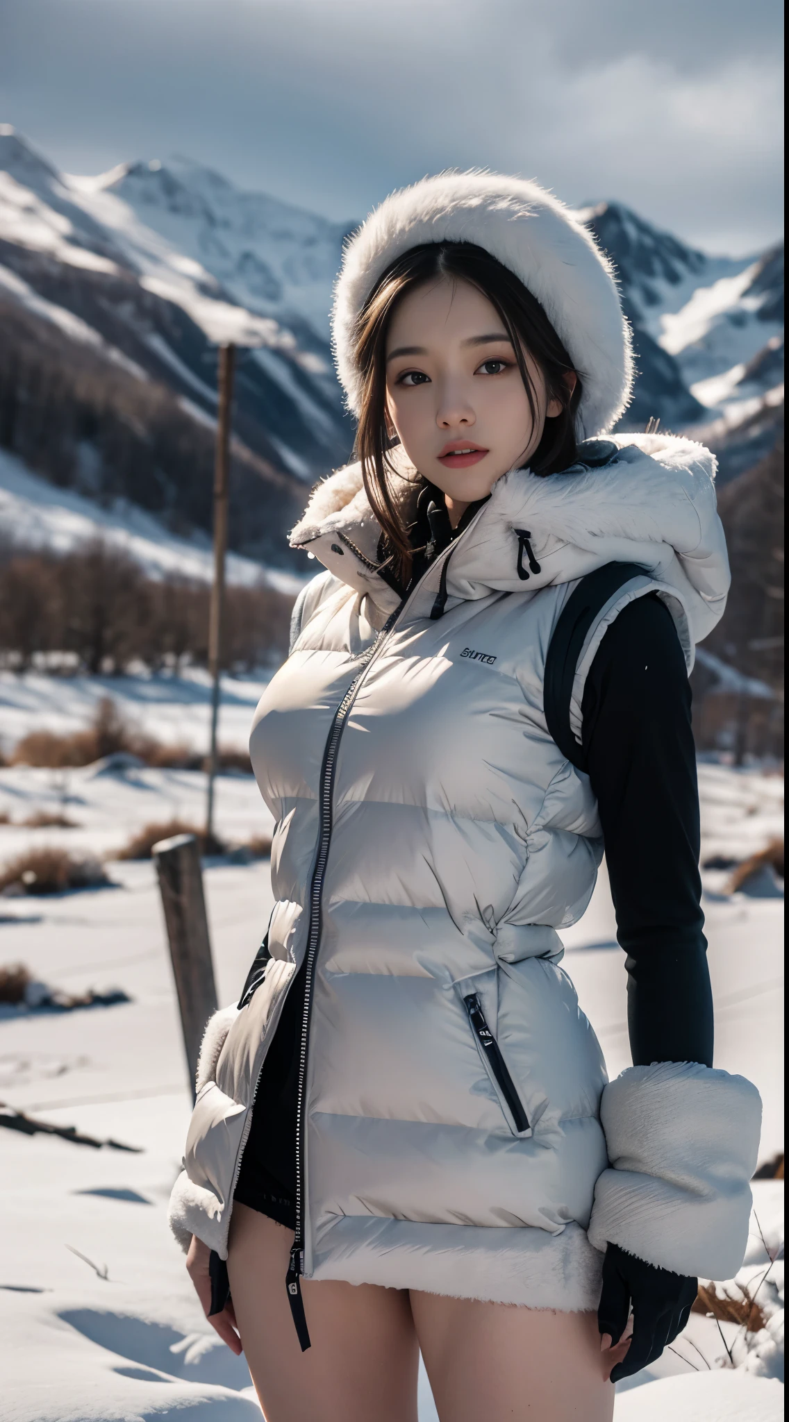 nsfw, 8k, best quality, highres, realistic, real person, A different perspective of a Nordic winter landscape, depicting a beautiful woman wearing a long down vest to brave the cold. The scene is made even more dramatic with rugged, snow-capped mountains and a larger, majestic frozen lake. The sky is a mixture of soft dawn colors, and the figures' expressions are a mixture of awe and struggle against the cold, emphasizing their resilience in the harsh environment. big butt, beautiful legs, long beautiful legs, completely naked inside the down vest