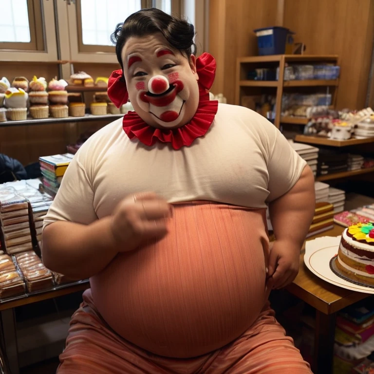 clown guy gets fat. he got as fat as he could'Stand up. his body became round. the reason he gained weight、'Full of cake.There's a desk full of cakes in front of him, so fat he's about to faint.
