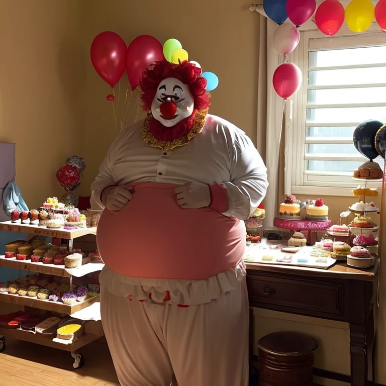 clown guy gets fat. he got as fat as he could&#39;Stand up. his body became round. the reason he gained weight、&#39;Full of cake.There&#39;s a desk full of cakes in front of him, so fat he&#39;s about to faint.