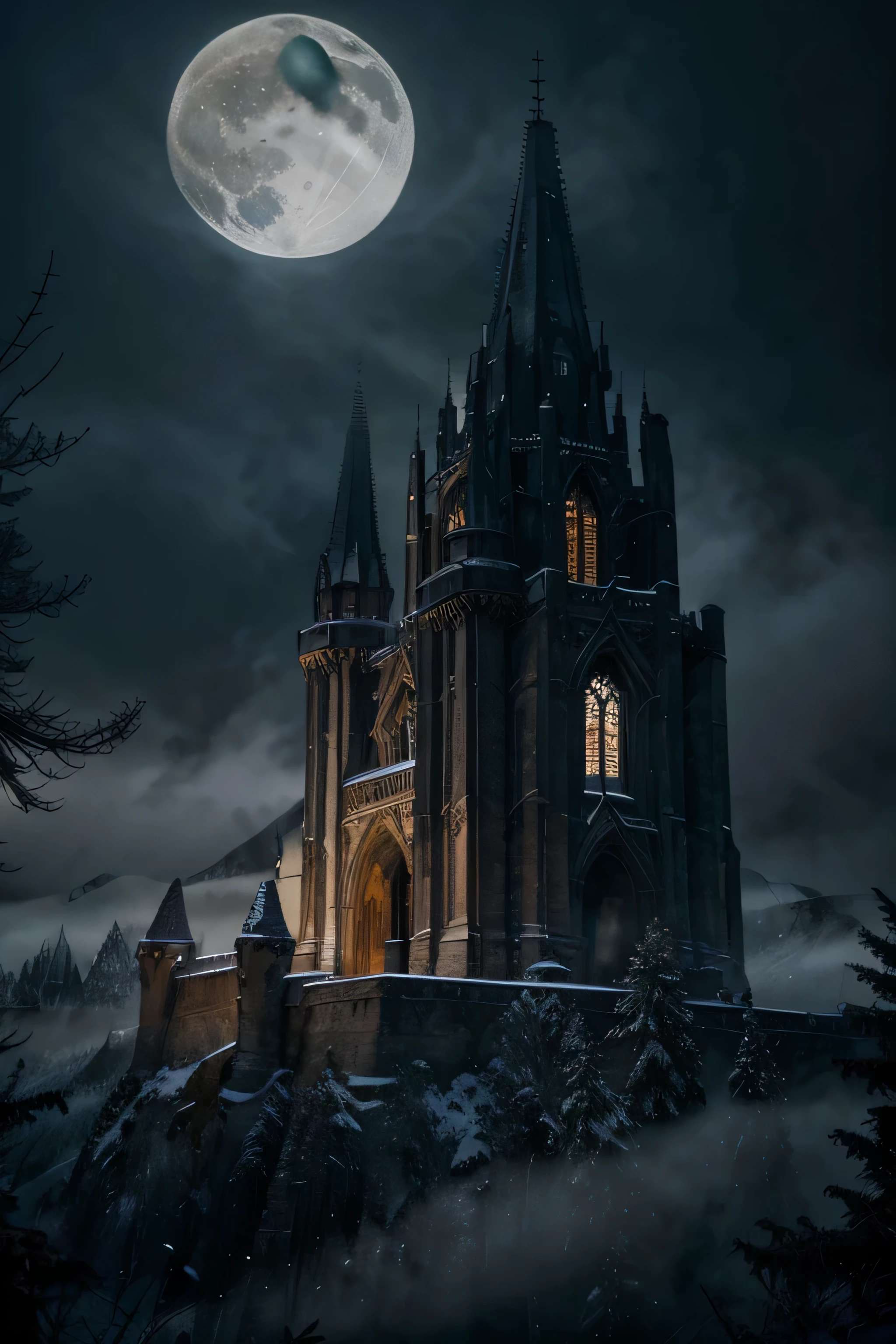 (best quality,4k,highres),large gothic castle,dark atmosphere,gloomy,ancient,stone walls,towering spires,imposing gates,moonlit sky,snow-covered mountains,fantasy,enchanted,mysterious,haunting,isolated,remote location,misty fog,creeping shadows,winter,freezing temperatures,icy breeze,barren trees,snow-covered landscape,ethereal beauty,mystical creatures,whispering winds,enchanted aura,grand architecture,gargoyles,impressive interiors,ornate decorations,fireplace crackling,vibrant stained glass windows,dramatic lighting,majestic view,unforgettable experience,awe-inspiring,otherworldly.