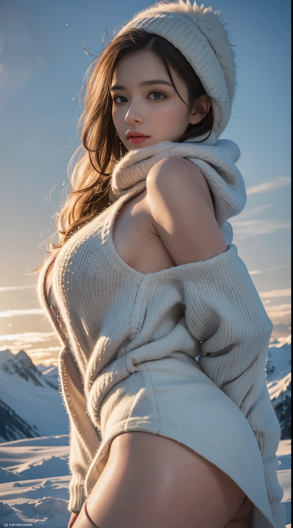 nsfw, 8k, best quality, highres, realistic, real person, A different perspective of a Nordic winter landscape, depicting a beautiful woman wearing a long down vest to brave the cold. The scene is made even more dramatic with rugged, snow-capped mountains and a larger, majestic frozen lake. The sky is a mixture of soft dawn colors, and the figures' expressions are a mixture of awe and struggle against the cold, emphasizing their resilience in the harsh environment. big butt, beautiful legs, long beautiful legs, completely naked inside the down vest