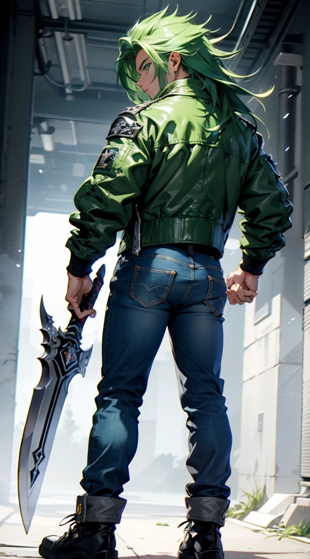 Highly detailed, (masterpiece), best quality, expressive eyes, perfect face, 1man, Spiked hair, Hair Raising, long hair, Super Saiyan Green hair, green eyes, Bulky Body Builder Masculine body, Green leather Jacket & Jeans, Holding a Gigantic Battle Axe Spear Hammer, combat boots, full body, back view