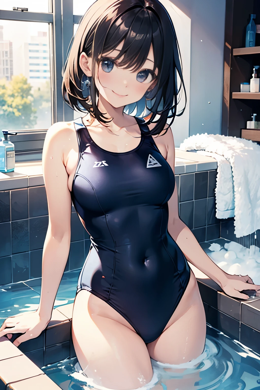 hiquality、top-quality、Full limbs、The ultra -The high-definition、brightened light、Covered in bubbles、Slender beauty、ssmile、Wearing a shiny school swimsuit、shinny skin、Black knee high、large udder、Bubble bath
