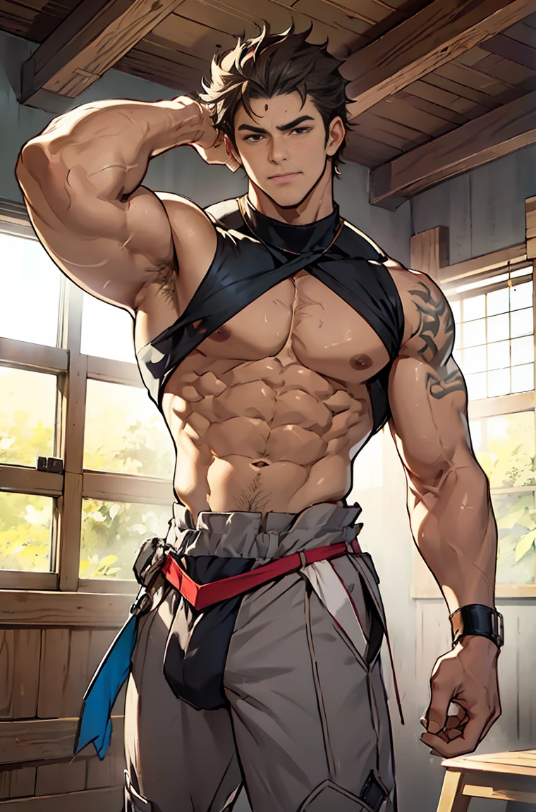 show off thick arms to the audience,The protagonist is very tall and his head almost reaches the ceiling.,The background is in an interior with vintage furniture and vintage wooden floor surrounding,Lush woods outside the window,closeup of arms,Shoulders exposed,Stout arms,Shoulders very broad,Muscles protrude a lot,Bulging crotch,Highest image quality,Pessoas do sexo masculino,Child,1 menino,jovem e bonito,Shoun,Cabelo liso curto,Pele escura,Anime peito grande,anime wallpaper,sozinho,Foco Masculino,cuecas,Dilation of the pectoral muscles,capa vermelhirilha saliente,Fundo Urbano,Espalhe as pernas,sexy,(master part, best quality),meias brancas longaotas Red Martin,((Exaggerated bulge of muscles)),