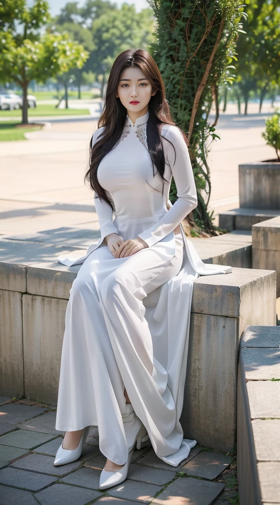 photorealistic portrait, high-res, 1woman, bara,See the whole body., Hip up, large boobs, look at viewer, (detailed face), white ao dai, thin, wet, No pants., beautiful legs, (stand), Tilt to the side, jewelry, trees
