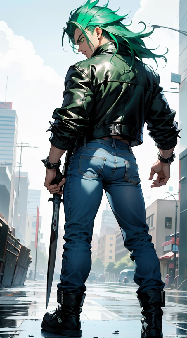 Highly detailed, (masterpiece), best quality, expressive eyes, perfect face, 1man, Spiked Long hair, Hair Raising, Super Saiyan Green hair, green eyes, Bulky Body Builder Masculine body, Green leather Jacket & Jeans, Holding a Gigantic Battle Axe Spear Hammer, combat boots, full body, back view