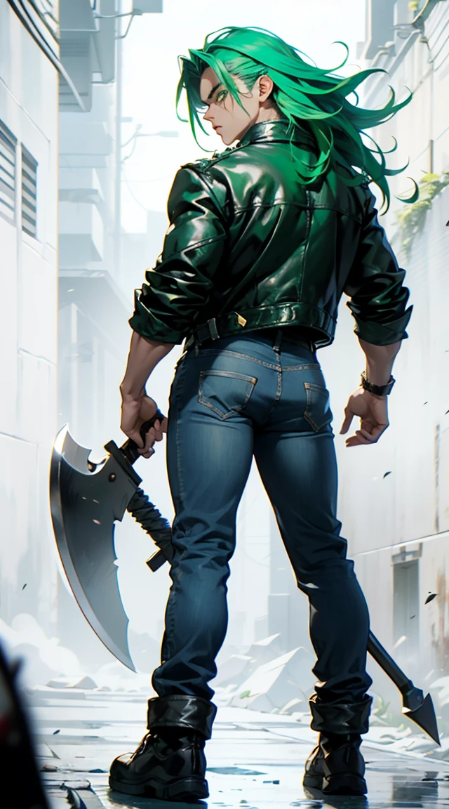 Highly detailed, (masterpiece), best quality, expressive eyes, perfect face, 1man, Spiked Long hair, Hair Raising, Super Saiyan Green hair, green eyes, Bulky Body Builder Masculine body, Green leather Jacket & Jeans, Holding a Gigantic Battle Axe Spear Hammer, combat boots, full body, back view
