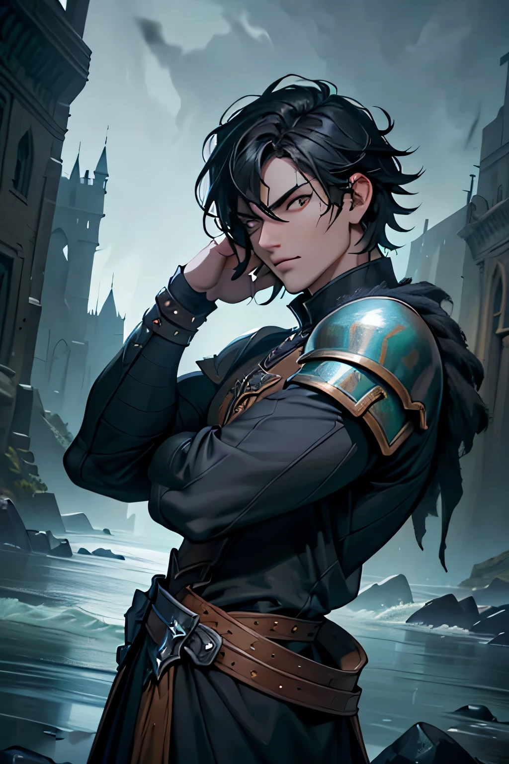 DollieNobodySD15 RPG Character Painting Dungeons and Dragons, medieval times,The shirt,armour, short sword,army suit,meticuloso, gorgeous one, with short black hair, Darkness at the corners of the eyes,(overcast day:1.5), whole face,gothic castle,(sea island:1.3),(tmasterpiece:1.3) (Best quality at best) (8K) (HighDynamicRange) (Focus sharp) (iintricate)