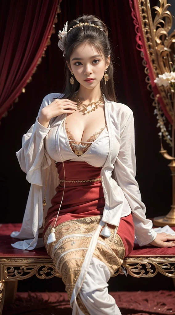 , (Realistic:1.3), insane details, quality, (master-piece:1.2), (ภาพRealistic:1.2), (qualityที่ดีที่สุด), (Detailed skin:1.3), (intricate detailed), ray tracing, ((Full body)), ((1woman)), (((1man))), 18-20 years old, ((long-haired, Very long.)), smile, Red Dresses, white coat red skirt with pattern, The color matches the dress and skirt., skirt pattern, earrings, necklace, Javanese jewelry, (blurred background), Eyes on camera, breast cleavage, huge breast,, Beautiful breast, Big breast augmentation, elongated legs