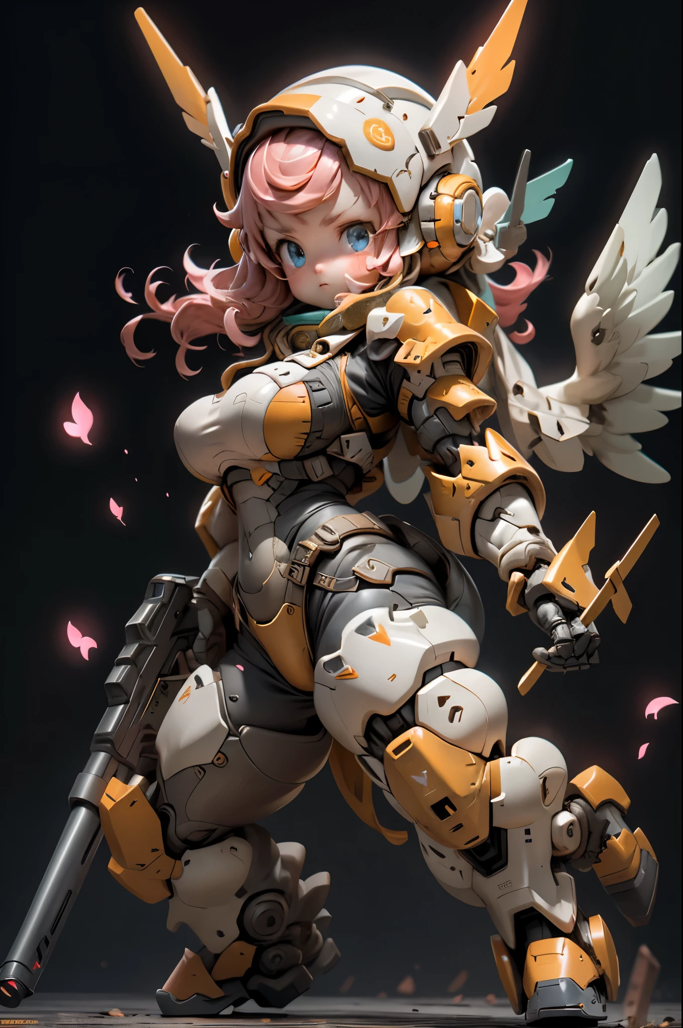 beijing_cute big breasts_mechs,1个Giant Breast Girl,Alone,Be red in the face,blue_The eye,ngel,deactivated_beak,Permanent,full_body,arma,Pink_the hair,tchibi,ngel_arma,armour,Akwa_The eye,guns,shelmet,Black_Background with,Gripped_mano,ngel_guns,mechs_A daughter,strength_armour,电影灯光,strong contrasts,High level of detail,Best quality at best,tmasterpiece,White Background with,