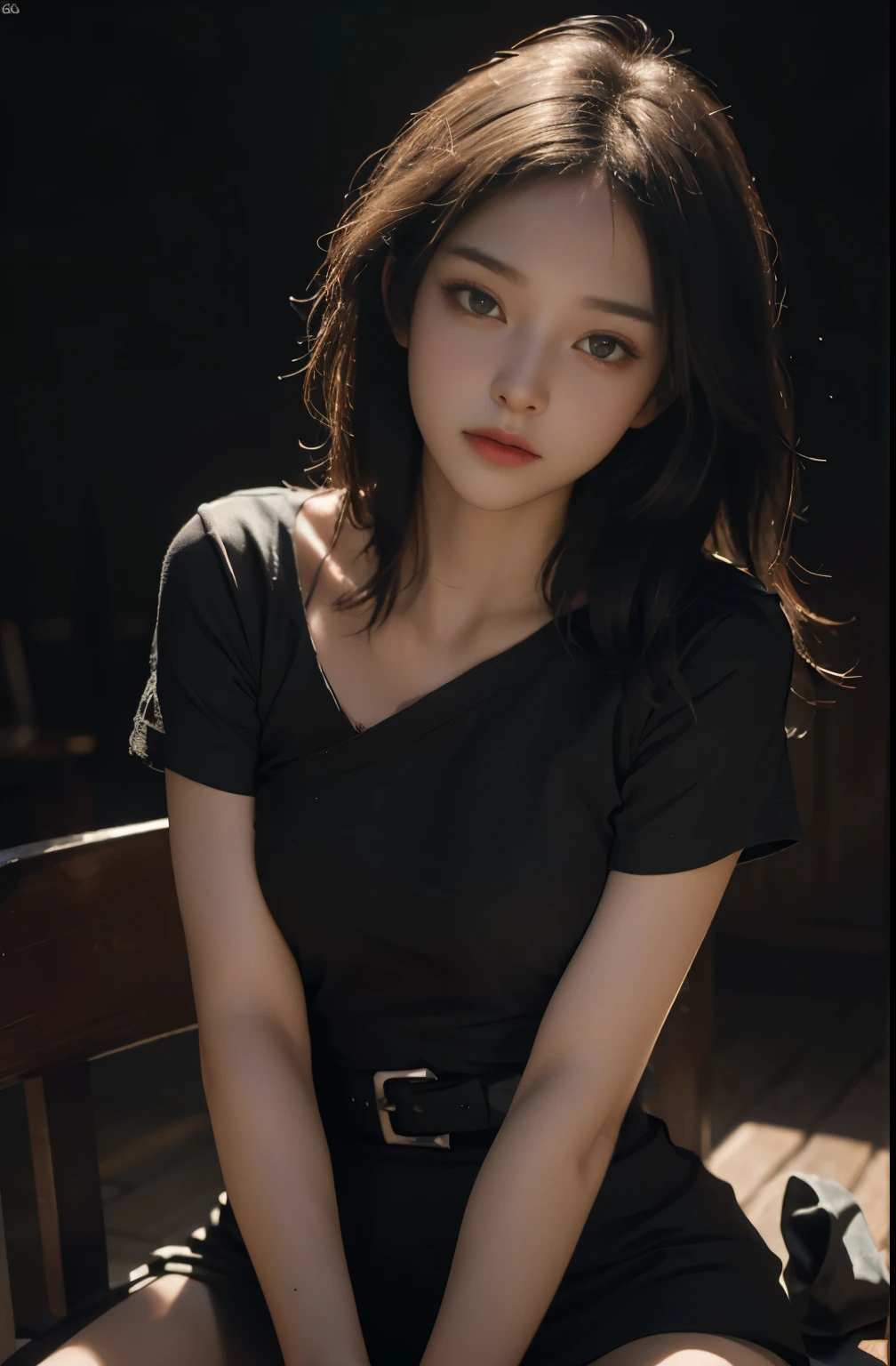 bestquality, masterpiece, ultra-high resolution, (photorealistic portrait:1.4), RAW photo, 1girls, Waist up, Seated, Deep Shadows, dark theme