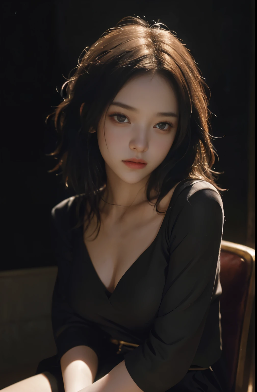 bestquality, masterpiece, ultra-high resolution, (photorealistic portrait:1.4), RAW photo, 1girls, Waist up, Seated, Deep Shadows, dark theme