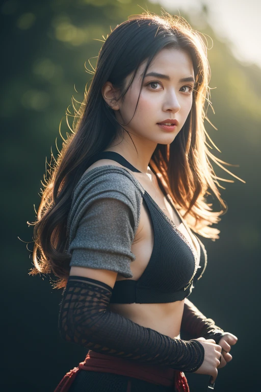 Photo of a hot aunt , highlighted gray hair , samurai shoulder armor, chest covered by bra , particle,wind ,flames ,backlighting,rim lighting,upper body,hot pose, small breast, swordwoman, woman with a sworm, dynamic pose, one woman holding sword, (masterpiece:1.2), (best quality), (ultra detailed), (8k, 4k, intricate),(full-body-shot:1), (85mm),light particles, lighting, (highly detailed:1.2),(detailed face:1.2), (gradients), sfw, colorful,(detailed eyes:1.2)(detailed background),detailed landscape, (dynamic angle:1.2), (dynamic pose:1.2), (rule of third_composition:1.3), (Line of action:1.2), moody lighting