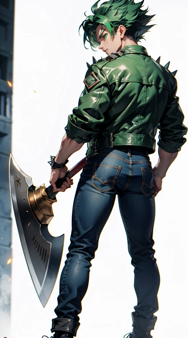 Highly detailed, (masterpiece), best quality, expressive eyes, perfect face, 1man, Long Spiked Raising Hair, Super Saiyan Green hair, green eyes, Bulky Body Builder Masculine body, Green leather Jacket & Jeans, Holding a Gigantic Battle Axe Spear Hammer, combat boots, full body, back view