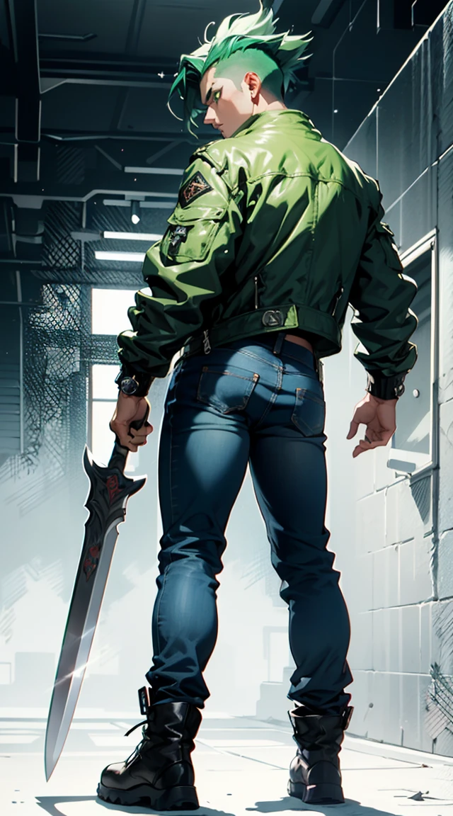Highly detailed, (masterpiece), best quality, expressive eyes, perfect face, 1man, Long Spiked Raising Hair, Super Saiyan Green hair, green eyes, Bulky Body Builder Masculine body, Green leather Jacket & Jeans, Holding a Gigantic Battle Axe Spear Hammer, combat boots, full body, back view