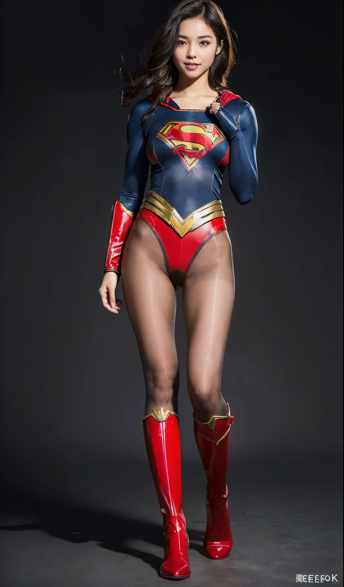No background、Are sleeping、lying back on、(((Wear black tights on your beautiful legs.)))、(((Grow legs、tall、Legally express the beauty of your smile)))、((((Make the most of the original image)))、(((Supergirl Costume)))、(((beautiful hairl)))、(((Suffering)))、(((Feet must necessarily be worn with black tights)))、(((You need to wear red boots)))、((Top image quality、8K))、((top-quality、8K、masterpiece:1.3))、(((Keep Background )))、Crisp focus:1.2、Beautiful woman with perfect body shape:1.4、Slender Abs:1.2、a wet body:1.5、Highly detailed facial and skin texture、8K