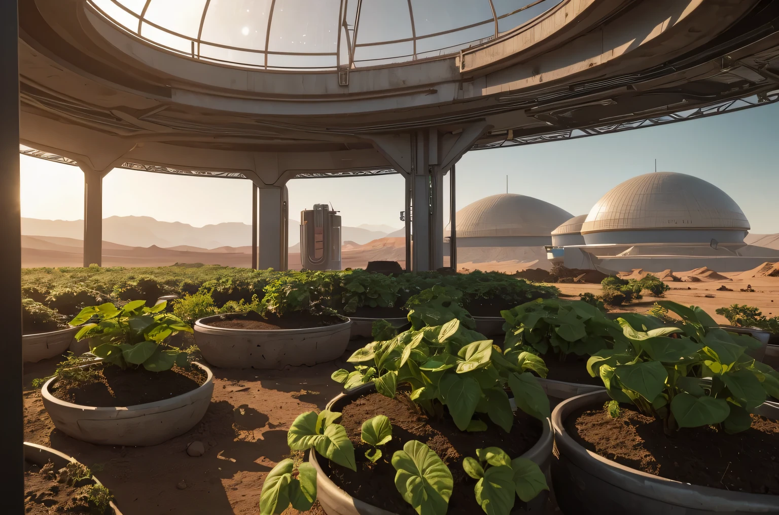 there is one cyber farm on Mars, the farm is fully automated and robotic, the farm grows Martian plants and breeds Martian animals, depict one moment from the life of a Martian cyberfarm, convey the whole atmosphere of life and everyday life on a Martian farm, pay attention to your surroundings and the Martian sky under the dome, note the Martian plants and Martian animals, cinematic treatment, Maximum realism