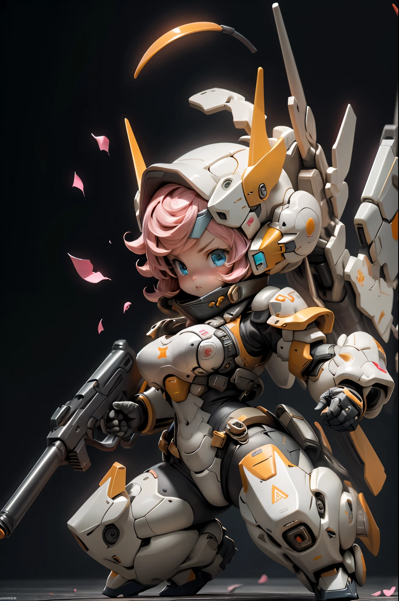 beijing_cute big breasts_mechs,1个Giant Breast Girl,Alone,Be red in the face,blue_The eye,ngel,deactivated_beak,Permanent,full_body,arma,Pink_the hair,tchibi,ngel_arma,armour,Akwa_The eye,guns,shelmet,Black_Background with,Gripped_mano,ngel_guns,mechs_A daughter,strength_armour,电影灯光,strong contrasts,High level of detail,Best quality at best,tmasterpiece,White Background with,