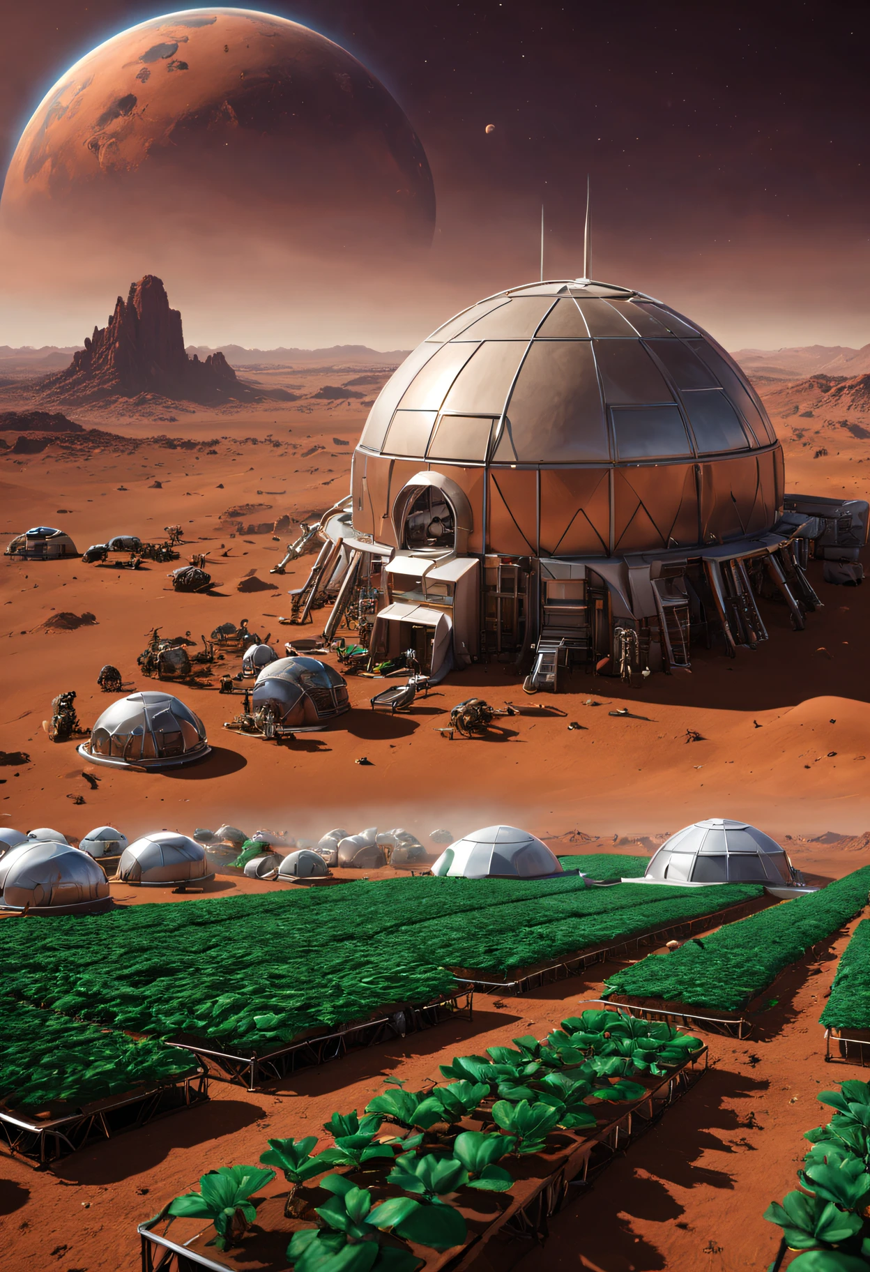 there is one cyber farm on Mars, the farm is fully automated and robotic, the farm grows Martian plants and breeds Martian animals, depict one moment from the life of a Martian cyberfarm, convey the whole atmosphere of life and everyday life on a Martian farm, pay attention to your surroundings and the Martian sky under the dome, note the Martian plants and Martian animals, cinematic treatment, Maximum realism