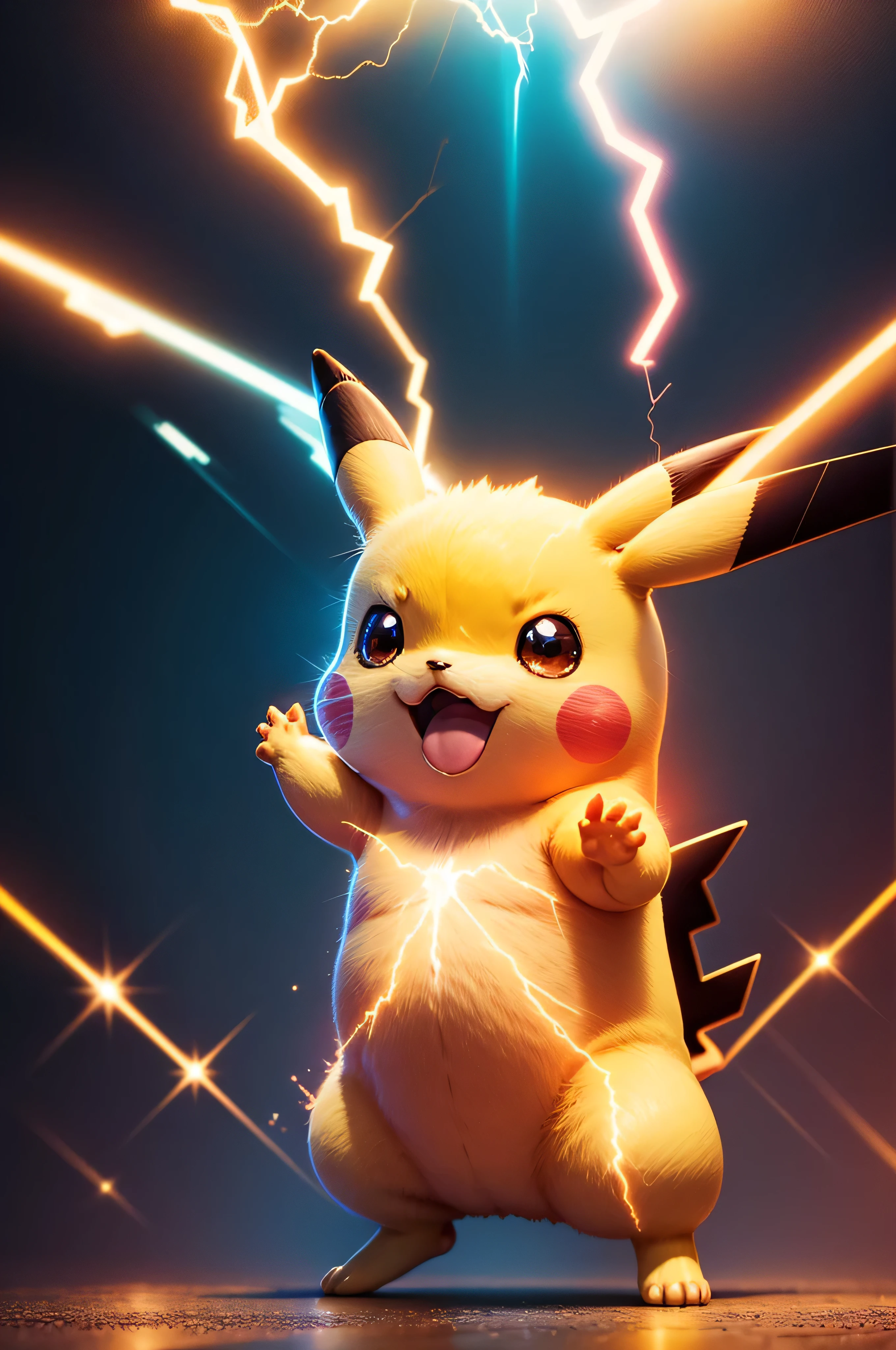 Pikachu, Golden lightning, looking to the front, Focused eyes, having fun, are standing, are in the center, raised his hand, vivd colour, lightand shade contrast, spark of light, 8K, hyper HD, A high resolution