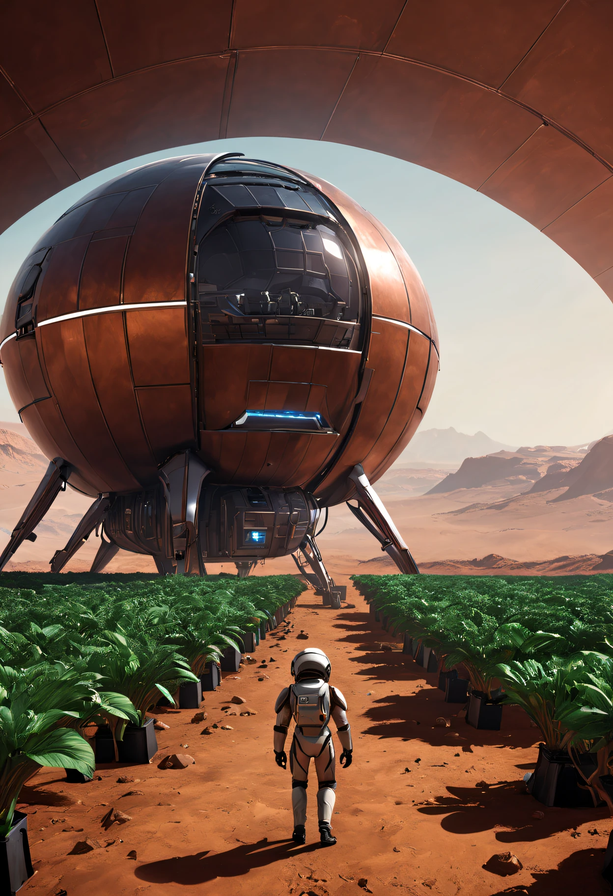 there is one cyber farm on Mars, the farm is fully automated and robotic, the farm grows Martian plants and breeds Martian animals, depict one moment from the life of a Martian cyberfarm, convey the whole atmosphere of life and everyday life on a Martian farm, pay attention to your surroundings and the Martian sky under the dome, note the Martian plants and Martian animals, cinematic treatment, Maximum realism