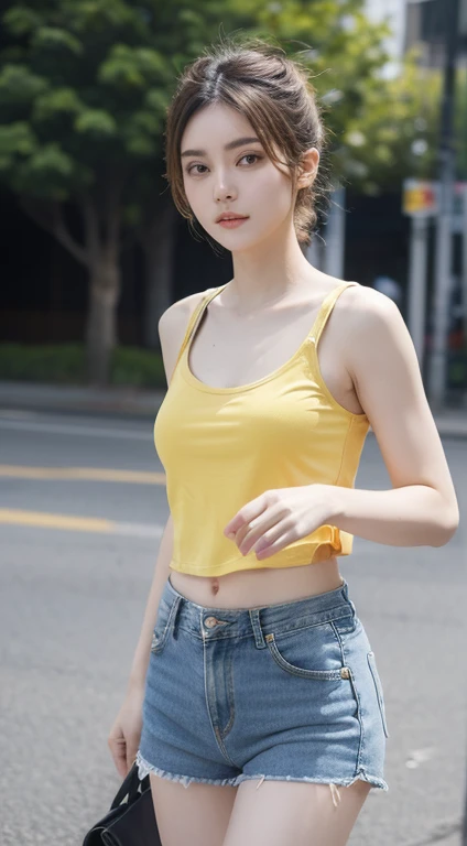 (top-quality:1.4)、(超A high resolution:1.2)、(Photorealsitic:1.4)、(8K、RAW Photos:1.2)、Alafe woman in yellow tank top and denim shorts walks down the street、 Wearing shorts、good hips and long legs、Very beautiful slim legs、