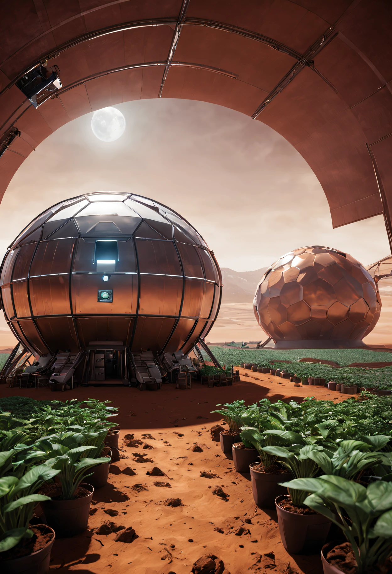 there is one cyber farm on Mars, the farm is fully automated and robotic, the farm grows Martian plants and breeds Martian animals, depict one moment from the life of a Martian cyberfarm, convey the whole atmosphere of life and everyday life on a Martian farm, pay attention to your surroundings and the Martian sky under the dome, note the Martian plants and Martian animals, cinematic treatment, Maximum realism