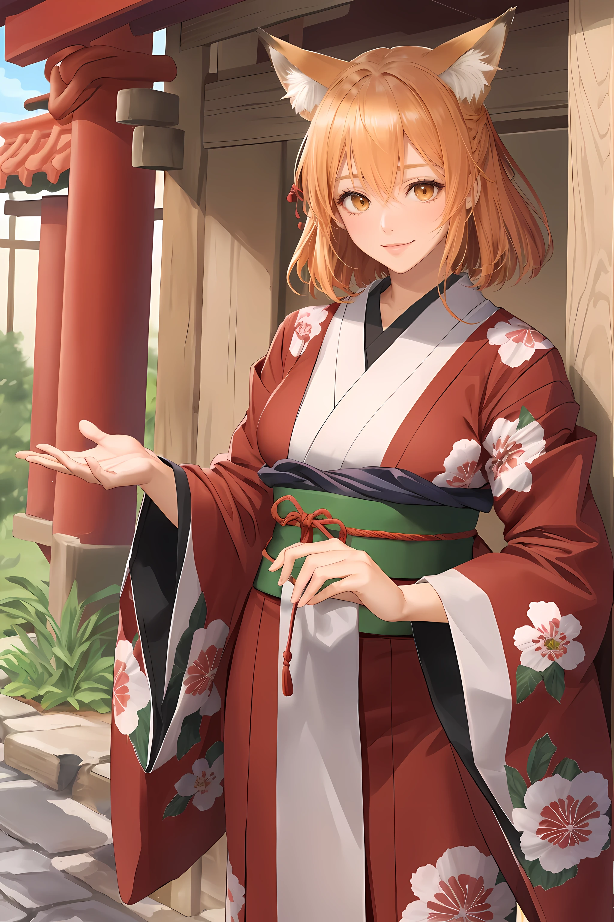 tmasterpiece, Best quality, The content is very detailed, 1 busty girl, Alone, (:3:0.9), Animal ears hair, Animal ears, orange color hair, Bushy hair, The face is red, Brown eyes, Flowers, fox ear, girl fox, slope, slope background, hair Flowers, hair adornments, Japanese clothes, Common, looking at viewert, A girl at a shrine, ssmile, Alone, white Common, beautiful light up