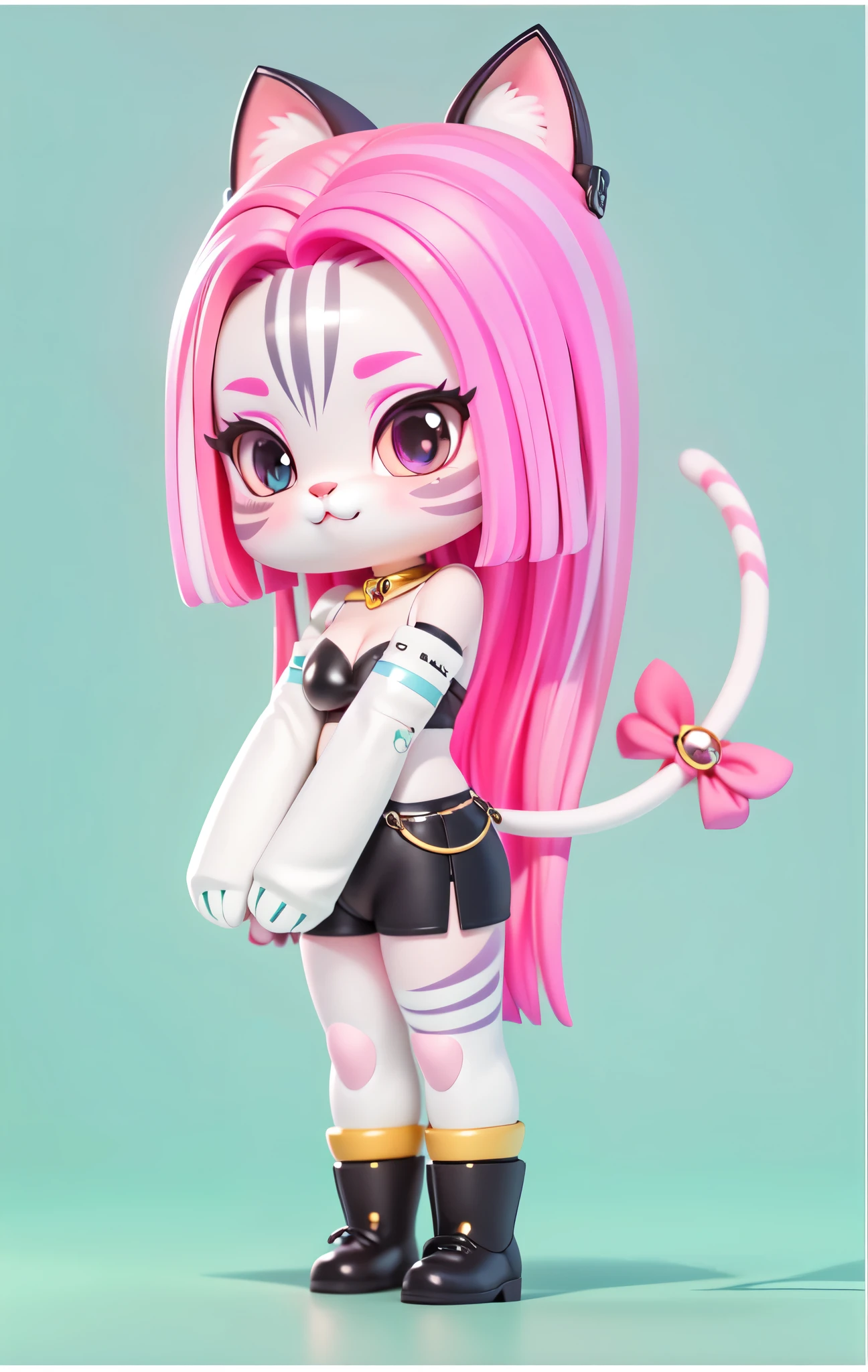 (1 girl, Full body lesbian, Deep dark background)),((tmasterpiece:1,2, cat-like mouth, 黑The eye, with pink hair,roundly eyes)), anime figure, Tattoos are, female furry mini Cute big breasts style, Cute big breasts, Chibi,very pretty Cute big breasts cat girl, Studio lighting, perfect litthing, cat digital, Beautiful toy tails are very popular
