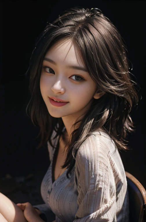 bestquality, masterpiece, ultra-high resolution, (photorealistic portrait:1.4), RAW photo, 1girls, Waist up, Seated, Deep Shadows, dark theme, pretty smile, I'm busy.