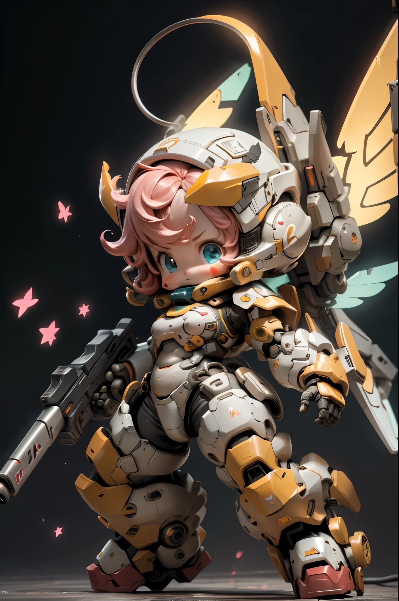 beijing_cute big breasts_mechs,1个Giant Breast Girl,Alone,lookingat_Show on the_peeping at the viewer,blue_The eye,ngel,Permanent,full_body,arma,Pink_the hair,wings,tchibi,ngel_arma,armour,guns,The halo,Be red in the face_a sticker,shelmet,ngel_guns,strength_armour, cinemShow on theic lighting,strong contrasts,High level of detail,Best quality at best,tmasterpiece,white backgrounid,